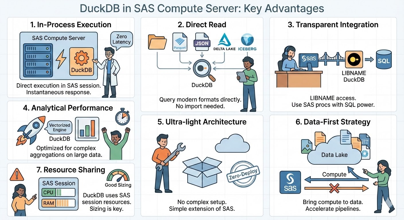 Arrêtez d'importer vos données ! Comment DuckDB dans SAS Viya va faire exploser vos performances - DuckDB & SAS Compute Server : L'alliance de la performance et de la simplicité. > Une intégration transparente sans latence réseau, conçue pour analyser vos données modernes (Parquet, JSON, Delta) directement là où elles se trouvent, tout en s'appuyant sur un moteur vectorisé ultra-rapide.
