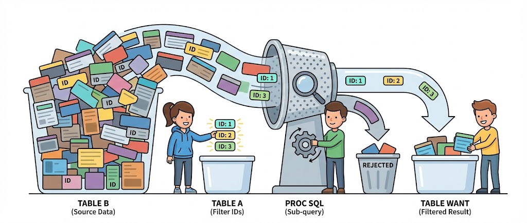 Comment filtrer une table à partir d'une liste d'identifiants avec PROC SQL