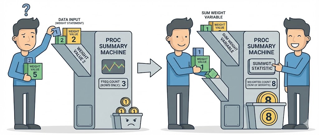 How to get weighted counts with PROC SUMMARY?