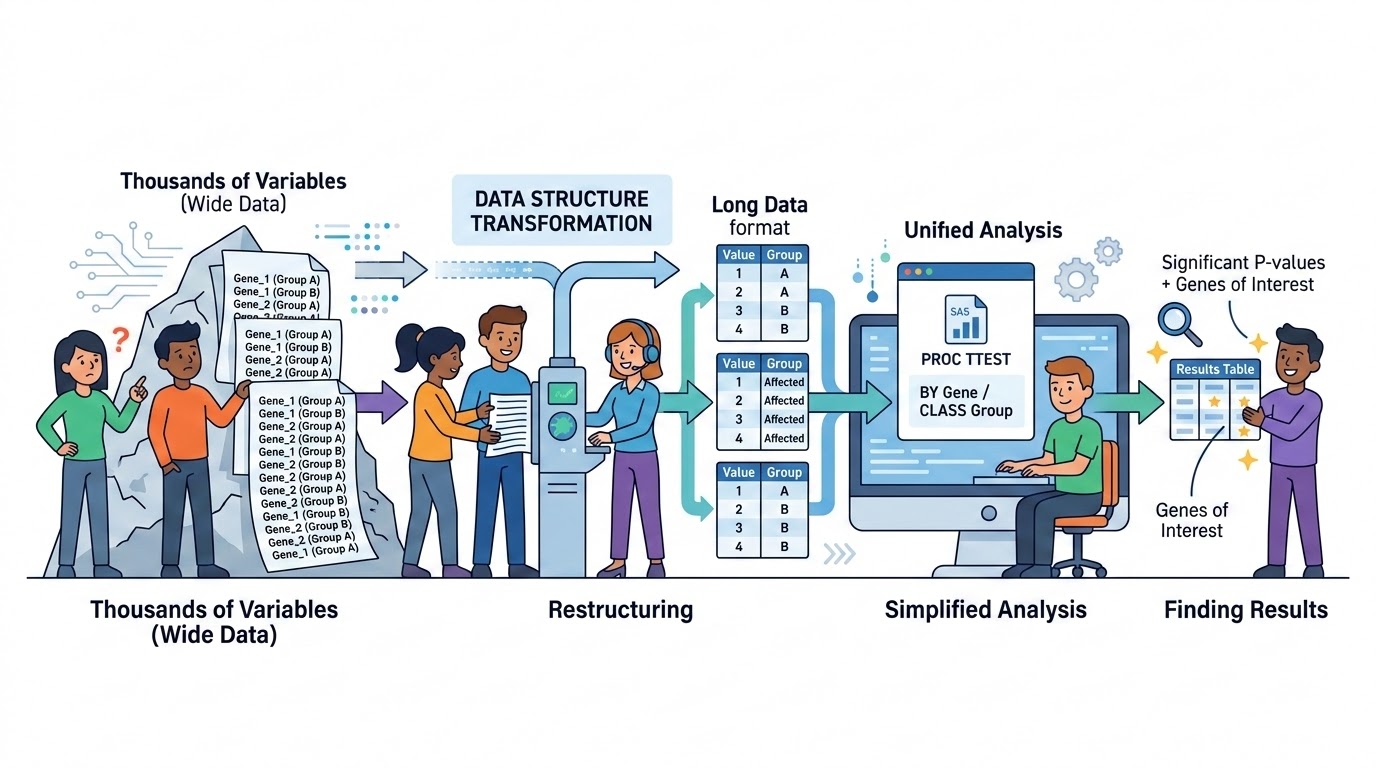 Optimizing PROC TTEST on thousands of variables and structuring your data