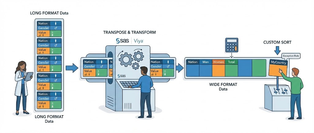 Transformation de données SAS : Passer du format "Long" au format "Large" et tris personnalisés